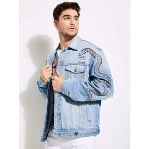 Guess Oversized Distressed Denim Jacket Beaded Snake Detail Men’s L Unisex